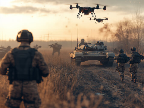 Military tank and soldiers advancing with drones providing air support during golden hour