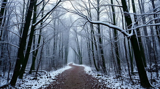 An amazing view of an untrodden forest path over which tree branches bent under the weight of freshly fallen snow.
