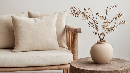Beige Couch, Wooden Vase, Spring Flowers