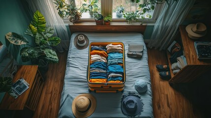 Packed suitcase on bedroom bed, plants at window, travel prep