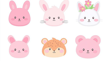 Cute Animal Faces Collection: Six adorable cartoon animal faces including bunnies and a bear cub, perfect for children's designs and projects.