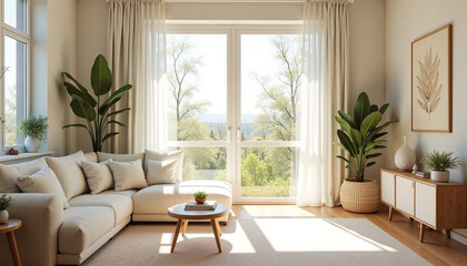 Bright living room with plants and natural light