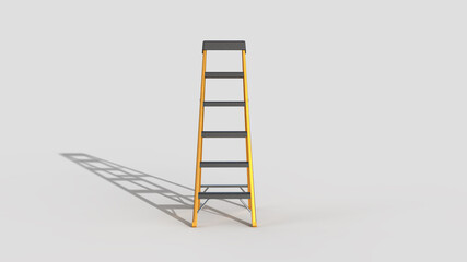 orange metal staircase with black step on white backdrop, front view