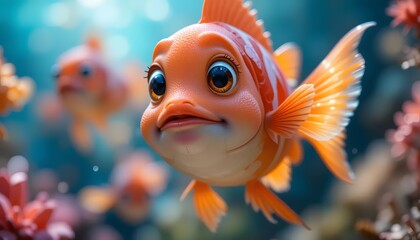 Cartoon Goldfish Swimming in Aquarium with Coral Reef and Bubbles