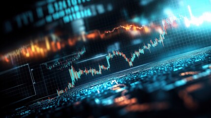 Stock market chart displaying trends and data on a blue background with analytical elements and graphs
