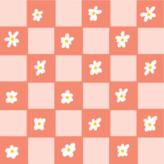 Funny floral pattern in a cage. Seamless retro pattern with simple colors. Bright background for T-shirts, posters, postcards, wallpapers and prints. Vector seasonal doodles