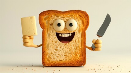 A goofy slice of bread with arms and a big smile, holding a butter knife, set against a bright white background.