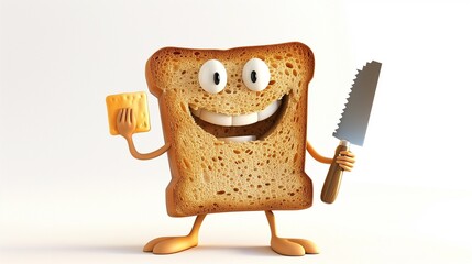 A goofy slice of bread with arms and a big smile, holding a butter knife, set against a bright white background.