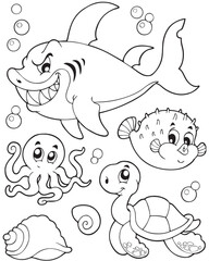 Black and white hand drawn illustration featuring various sea creatures, The underwater scene is adorned with bubbles, making it perfect for coloring pages and marine themed designs.