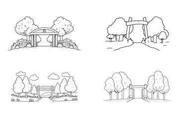 A park entrance icon with trees and wildlife coloring book, Line Art Illustration of an Open Zoo Background