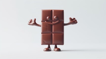A grinning bar of chocolate with tiny arms, waving happily, placed neatly on a pure white backdrop in high-definition clarity.