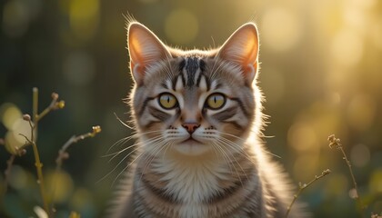 Fototapeta premium Cute Tabby Cat Portrait in Warm Sunlight with Green Background