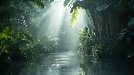 Sunlight Streaming Through Lush Green Rainforest Canopy Over a River