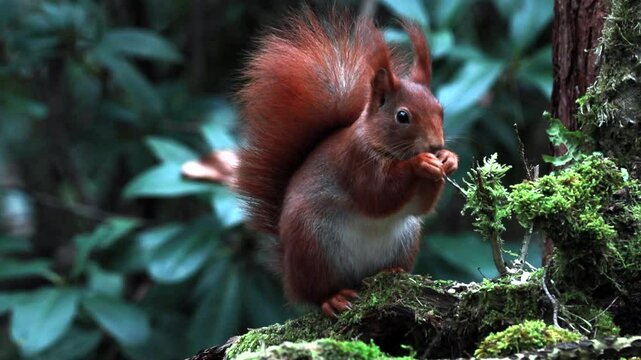 Closeup of Red Squirrel eating on a mossy tree against blurred background
