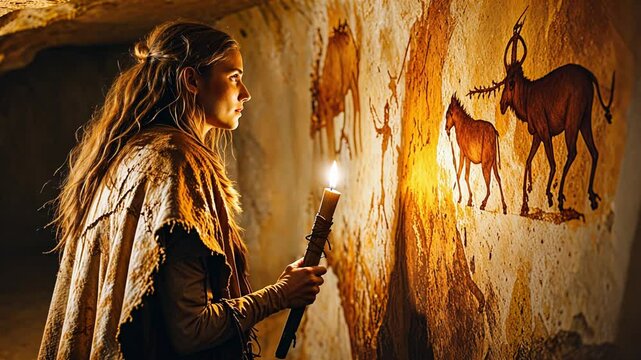 A cave woman intently observing ancient rock art while holding a torch