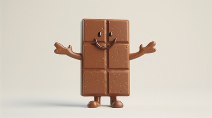 A grinning bar of chocolate with tiny arms, waving happily, placed neatly on a pure white backdrop in high-definition clarity.