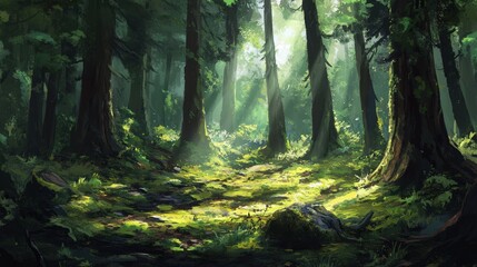 Obraz premium Emerald Canopy: Sunlight streams through a dense, vibrant forest, illuminating the lush undergrowth and creating a scene of enchanting beauty, evoking a sense of mystery and tranquility.