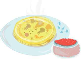 hot pancakes with a jar of red caviar