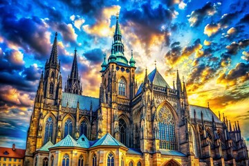 Fototapeta premium Gothic Cathedral Majesty: Surreal Blue Sky, Prague Architecture