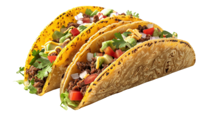 Delicious crunchy tacos with ground beef, vegetables, and cheese on transparent background