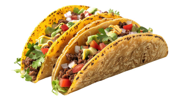 Delicious crunchy tacos with ground beef, vegetables, and cheese on transparent background