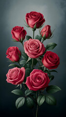 Obraz premium A bouquet of red roses with green leaves against a textured background Vertical Mobile Wallpaper