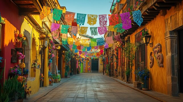 Vibrant mexican street adorned with colorful papel picado banners celebrating cinco de mayo, mexican culture