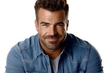 Fototapeta premium A good-looking young businessman in a casual blue shirt, holding his phone.