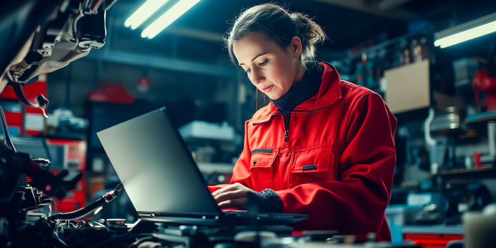 Young woman in red working on laptop in garage workshop