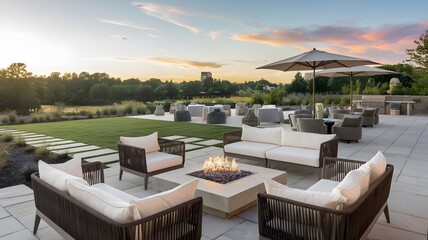 Expansive outdoor patio with luxury seating, a fire pit, and a scenic garden.