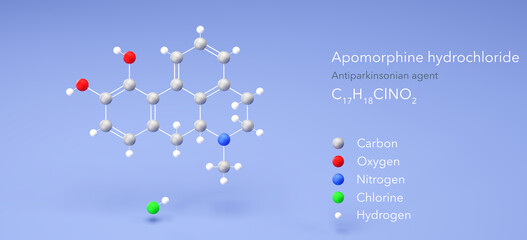 apomorphine hydrochloride molecule, molecular structure, antiparkinsonian agent 3d model, Structural Chemical Formula and Atoms with Color Coding