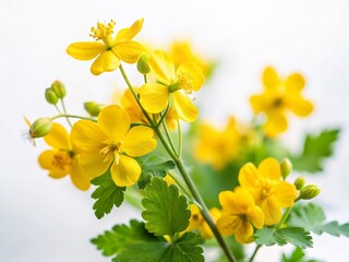 Greater Celandine (Chelidonium majus) Flowers on White Background - Medicinal Herb Stock Photo
