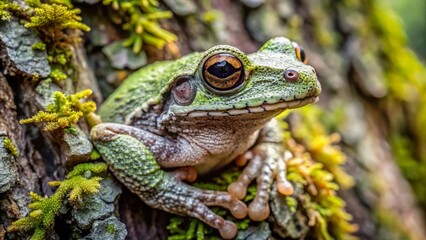 Fototapeta premium Greater Grey Treefrog Camouflaged on Bark, New York - Stock Photo