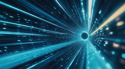 Fototapeta premium Blue light speed tunnel, digital data stream background, futuristic travel concept