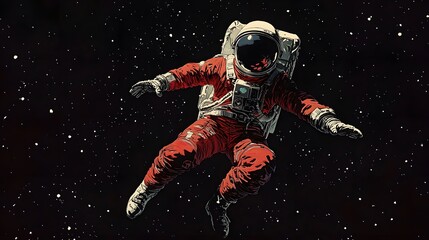 An astronaut wearing a red spacesuit floats through dark space