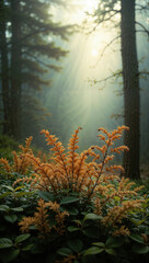 Obraz premium Sunlit Forest Scene with Vibrant Orange Ferns and Misty Atmosphere – Nature Photography