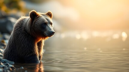 Obraz premium Brown Bear Wading in Water at Sunset Peaceful Wildlife Scene