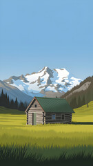 Obraz premium A rustic wooden cabin sits in a vast green meadow with mountain views Vertical Mobile Wallpaper