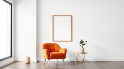 Bright Orange Chair in Minimalist Room with Empty Frame and Plant
