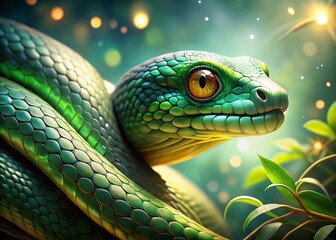 Fototapeta premium Green Snake Anime Chinese Painting Bokeh Art - Game & Comic Style