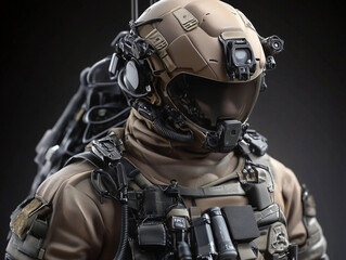Futuristic soldier wearing advanced combat gear and helmet