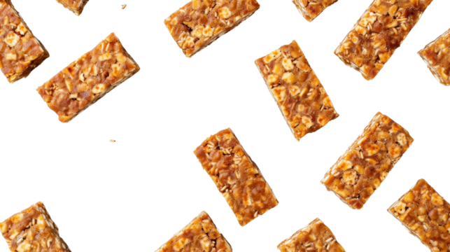 Cereal bars falling on transparent background: seamless pattern of granola bars