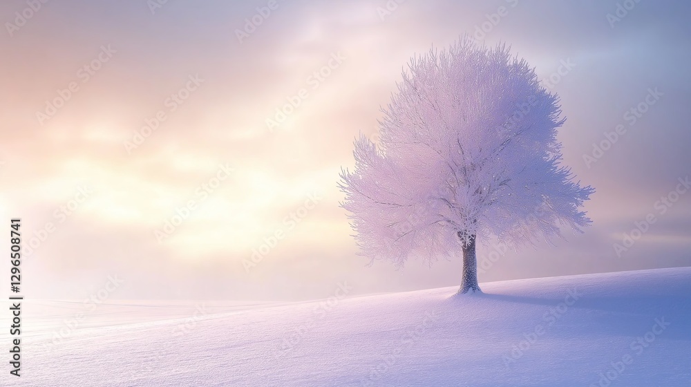 Poster A lone tree on a vast white snowy field under a soft gradient sky