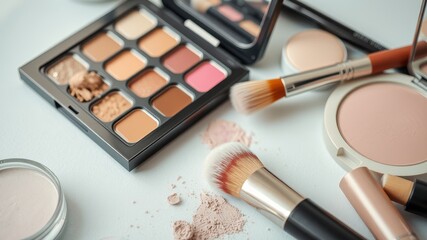 Elegant Makeup Arrangement with Diverse Cosmetic Products on Table