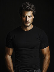 Handsome male model posing in black t-shirt on dark background