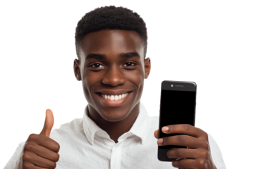 With a blank phone in hand, a businessman smiles and gives a thumbs up while laughing at the camera.