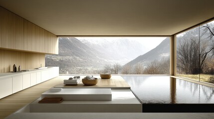 Modern spa with mountain view, open kitchen,  relaxing indoor pool