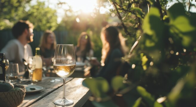 A serene outdoor gathering featuring a glass of white wine on a table, with friends enjoying a sunset backdrop.