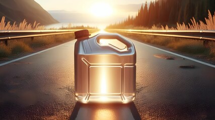 full white gasloine oil can for trucks and mobil cars on highway at sunset