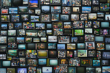 A wall of multiple television screens displaying various video content